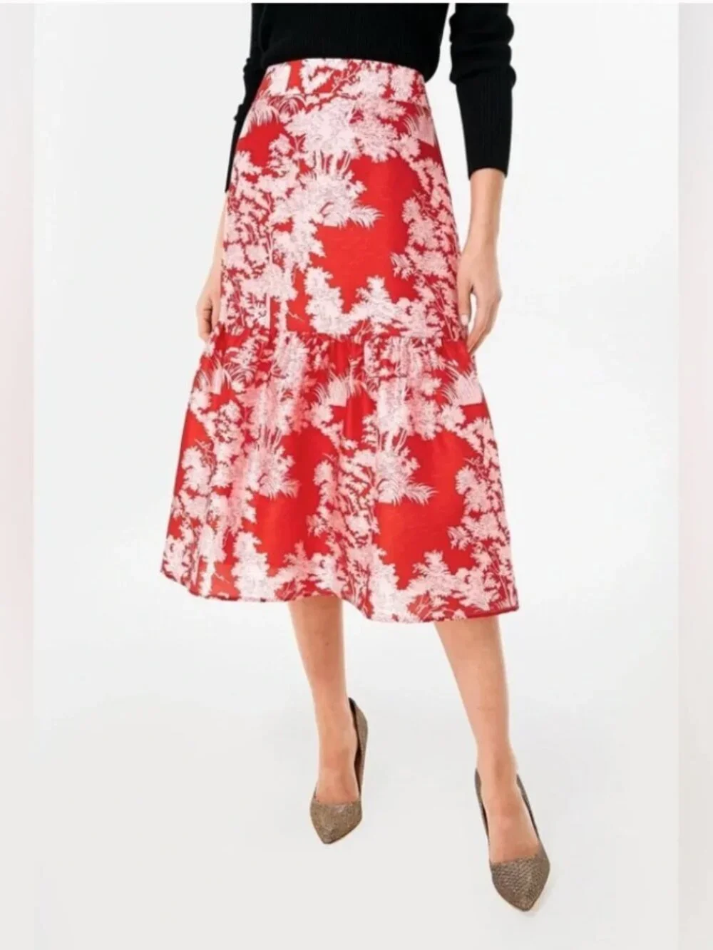 Tuckernuck | Scarlet Toile Emilie Midi Skirt Tiered Floral Red Pink Size M